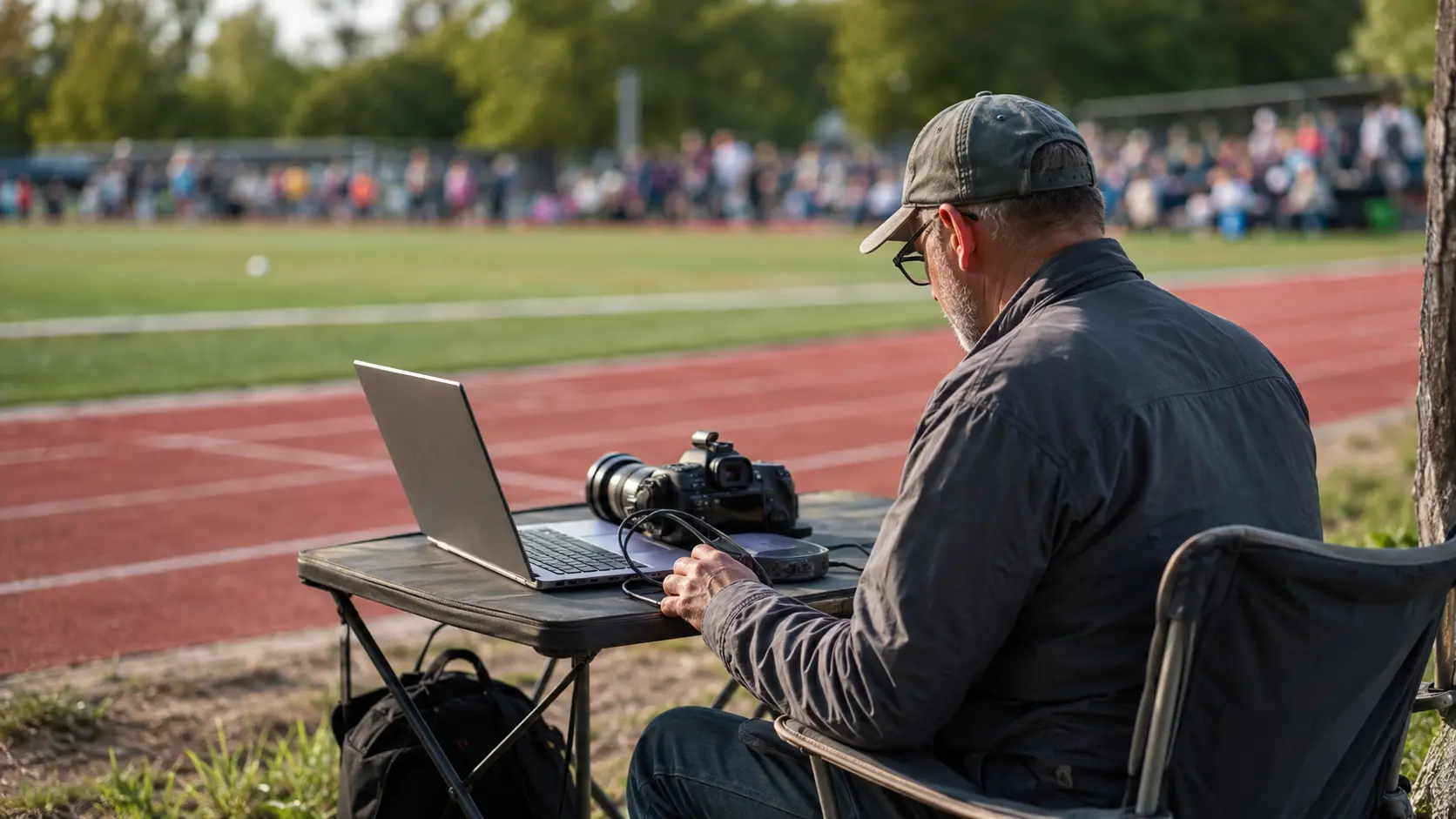 Photographer uploading school sports day photos from a laptop while the event is still running