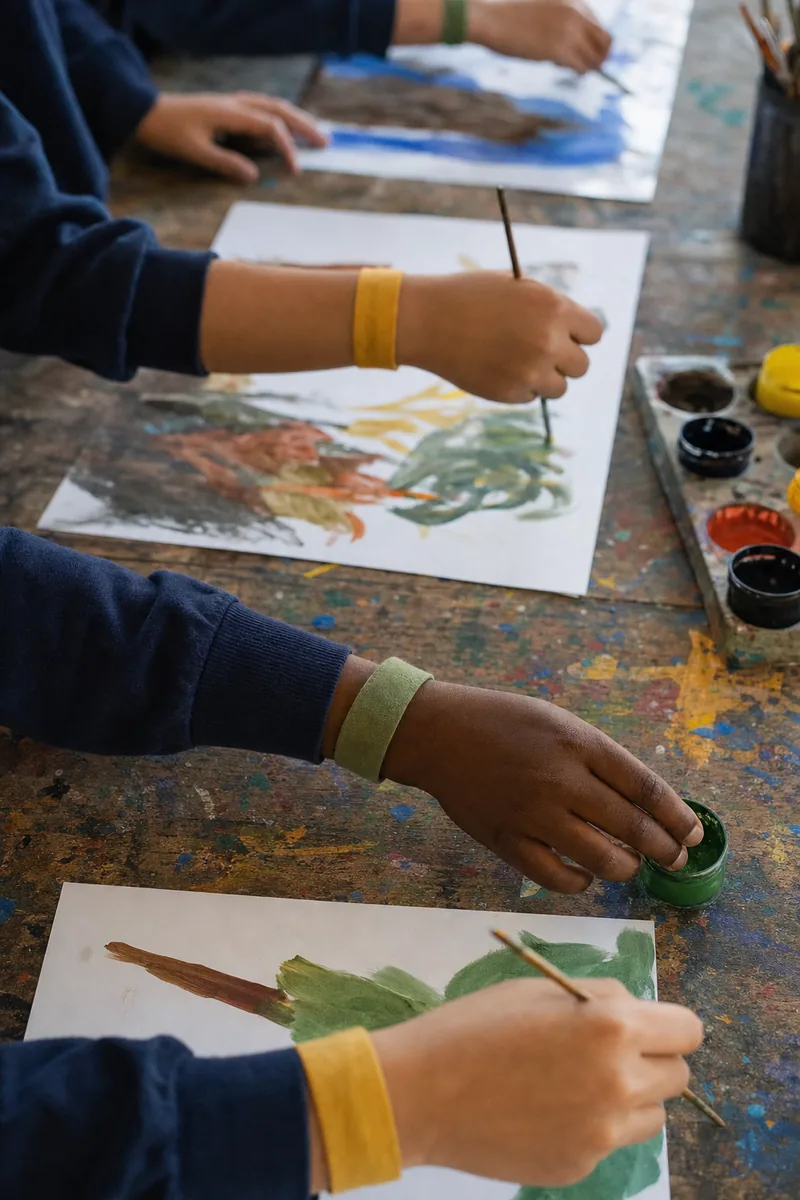 Children's hands painting at a school art table, each visible wrist wearing a plain fabric band in either yellow or green