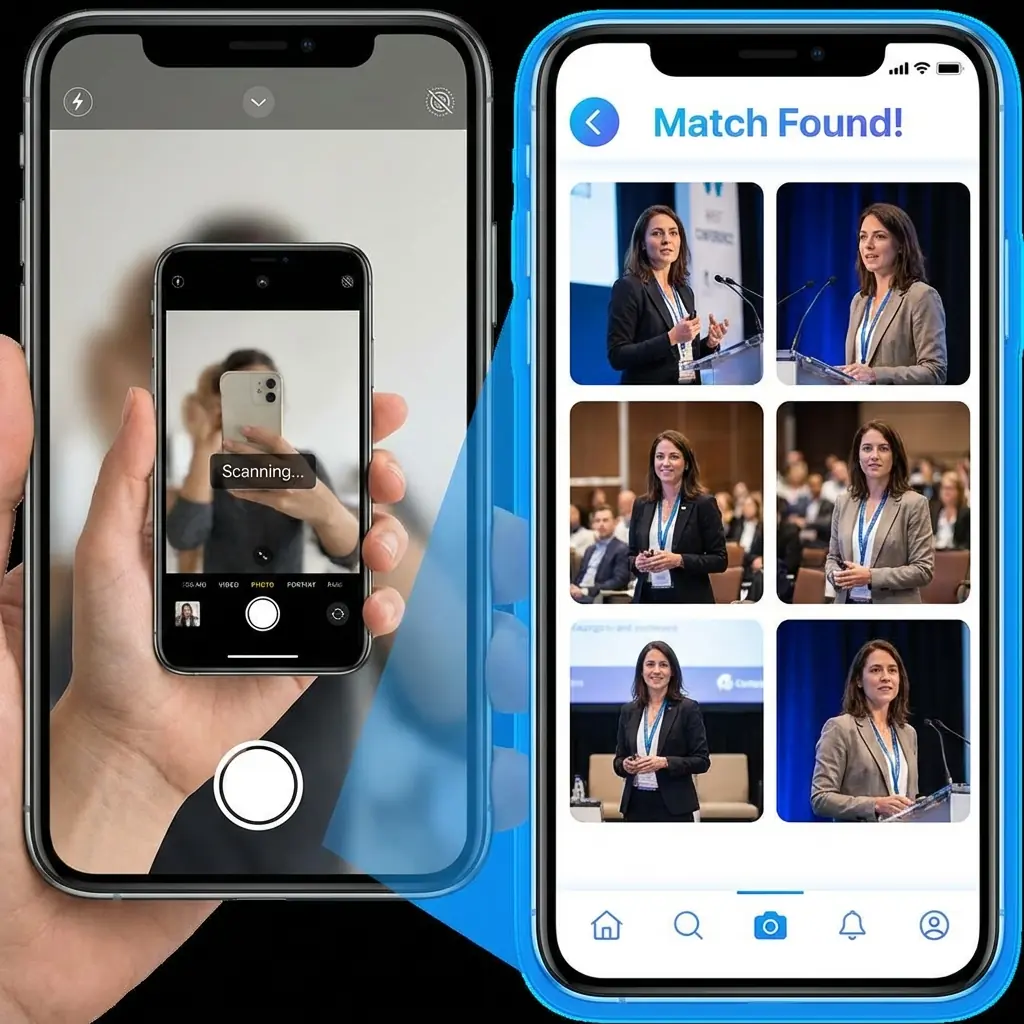 User uploading selfie to find photos instantly