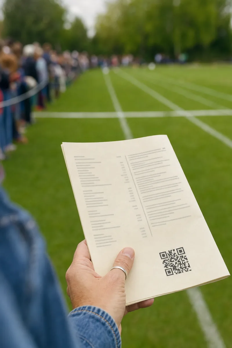 A parent's hand holding a printed sports day programme with a QR code, spectators and grass track lanes blurred in the background