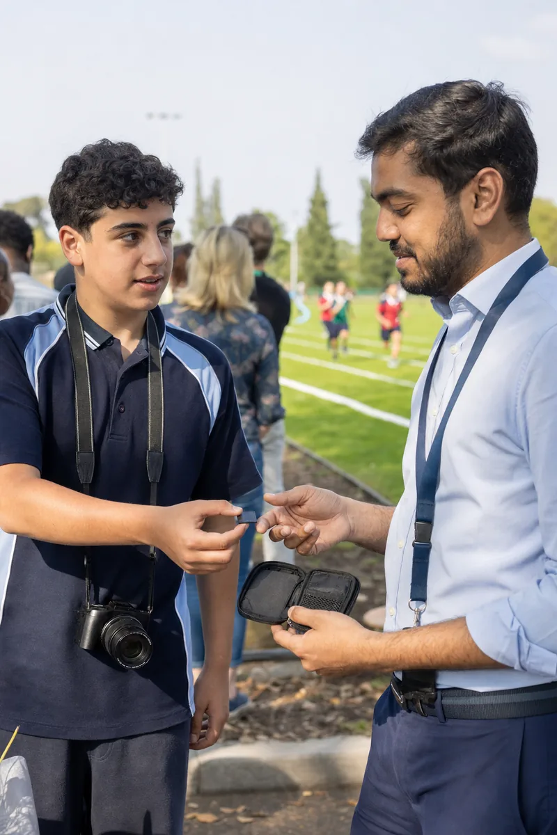 Student yearbook photographer handing a memory card to the yearbook adviser at the edge of a school sports field