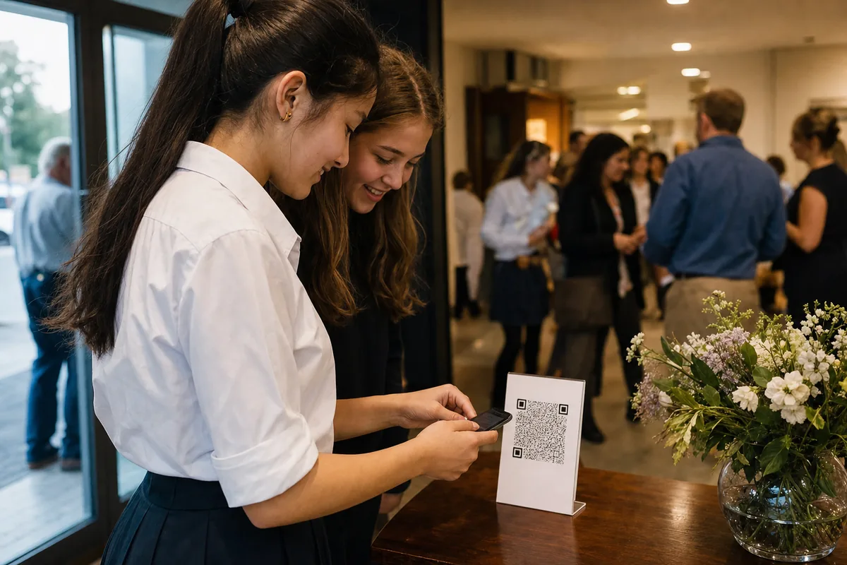 Secondary school student scanning an event photo QR code on a table card outside the school hall