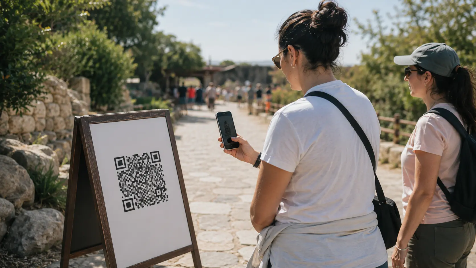 A tourist scanning a QR code on their phone at an attraction to open a private photo gallery