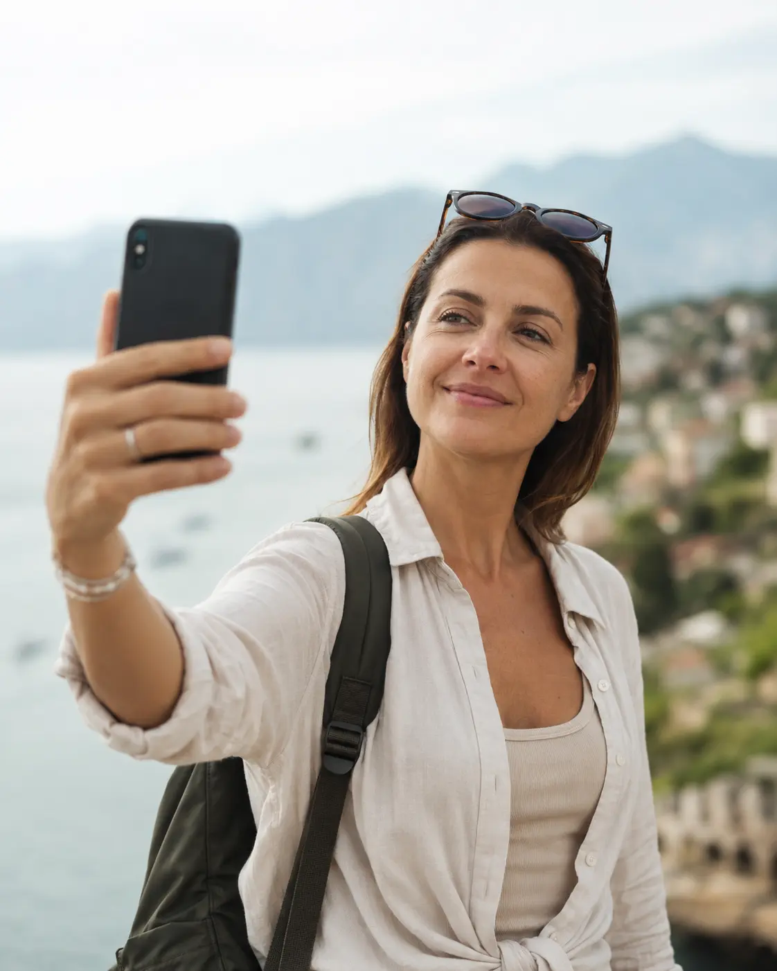 A tourist taking a selfie on a phone to search for their own photos in an event gallery