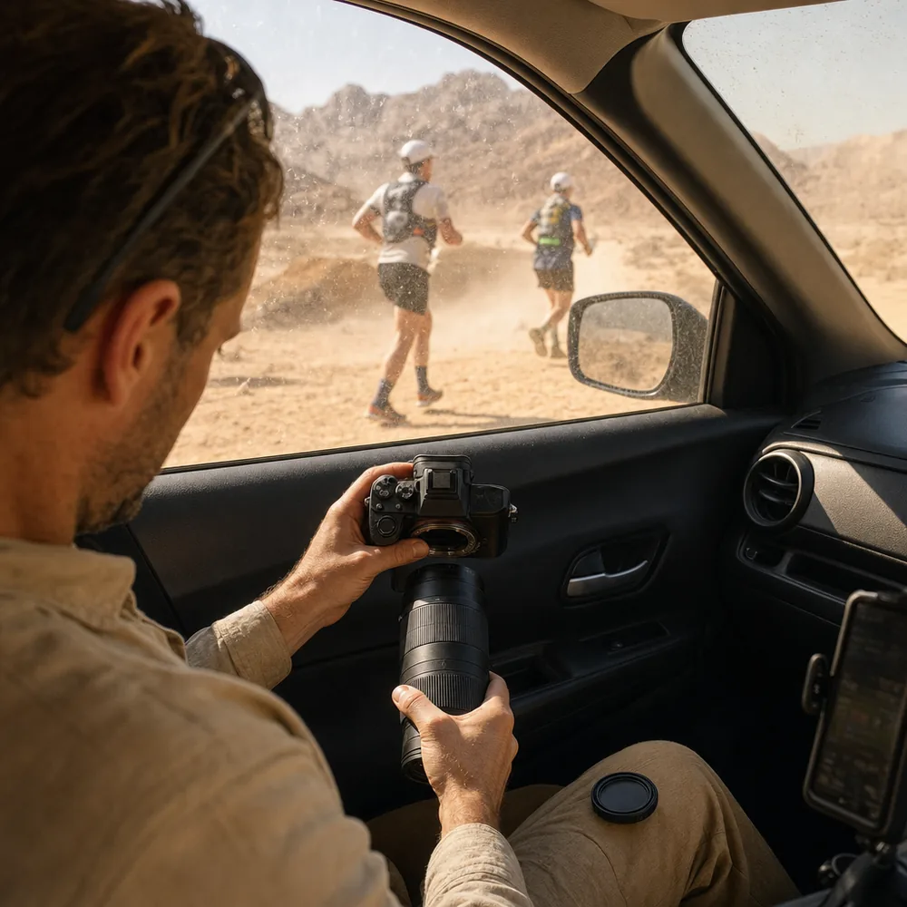 Photographer changing a telephoto lens inside a parked car with the camera body pointed down, dust blowing across a desert trail race course outside