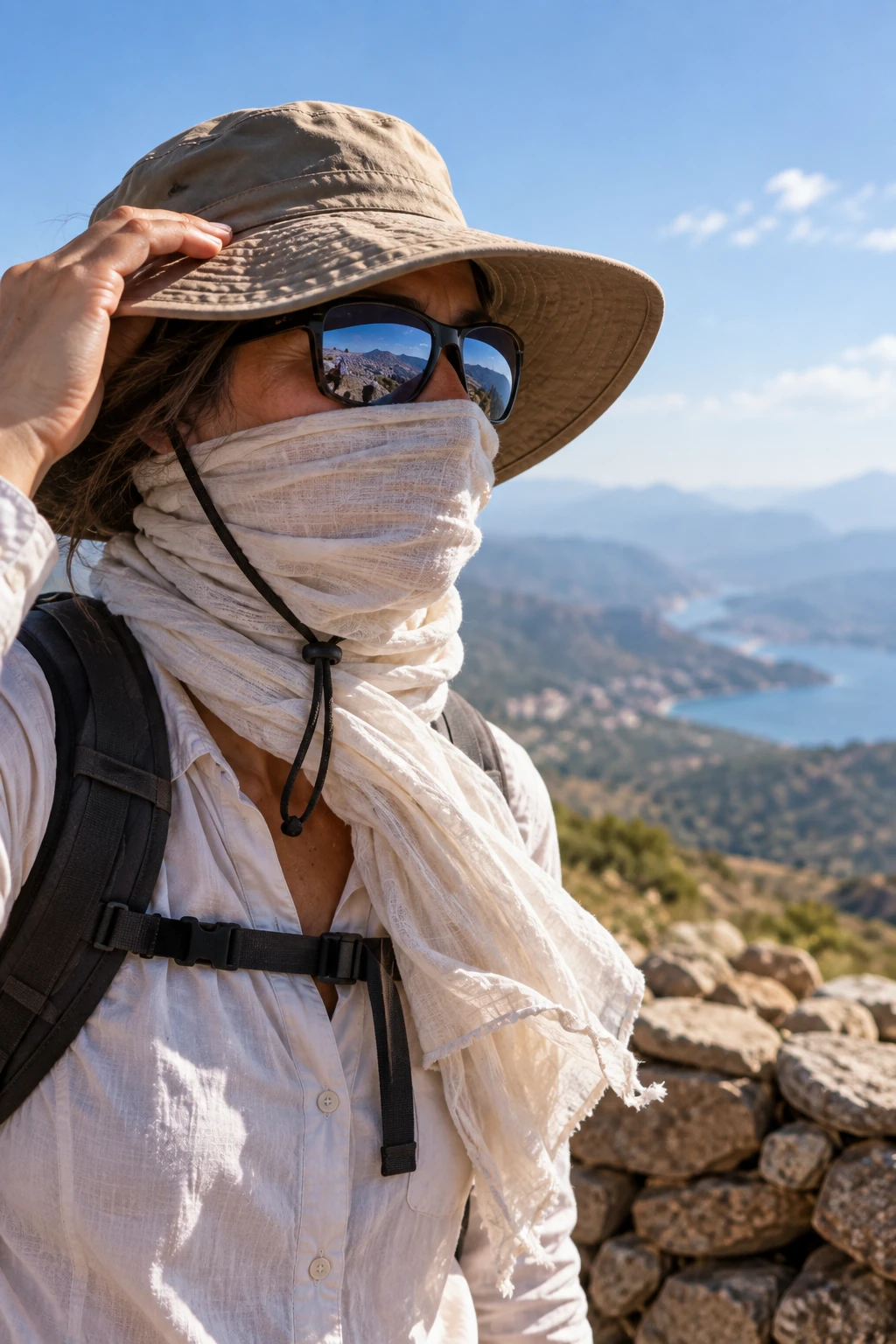 Close crop of a traveler at a viewpoint in a wide sun hat and mirrored sunglasses, with most of the face hidden