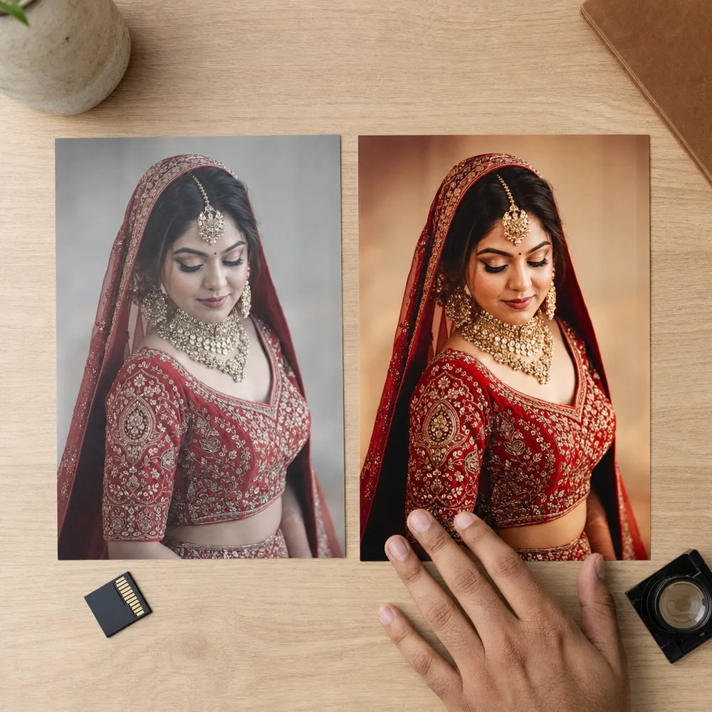 Two prints of the same bridal portrait on a studio desk, one flat and grey straight from the camera, one warm and finished after editing