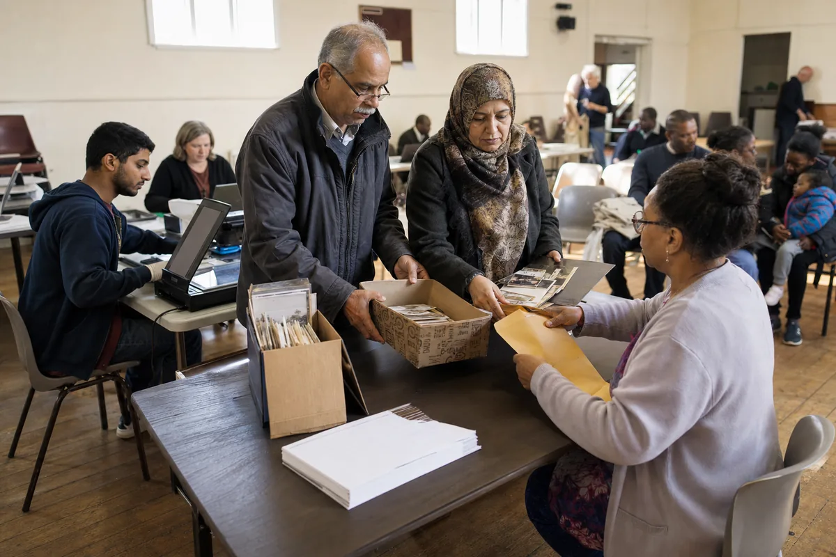 Volunteer scanning day in a community hall, with families handing albums to an intake table and volunteers working at flatbed scanners