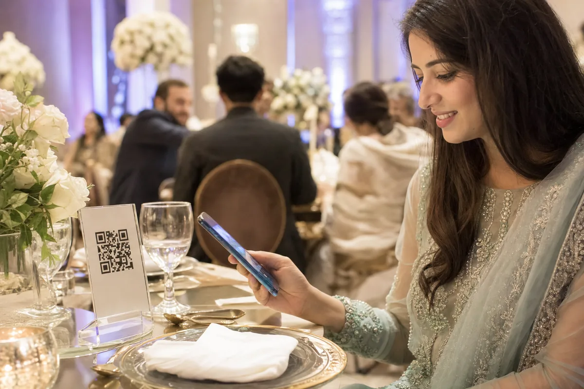 Guest at a walima dinner table holding a phone beside a small printed QR card for the photo preview gallery