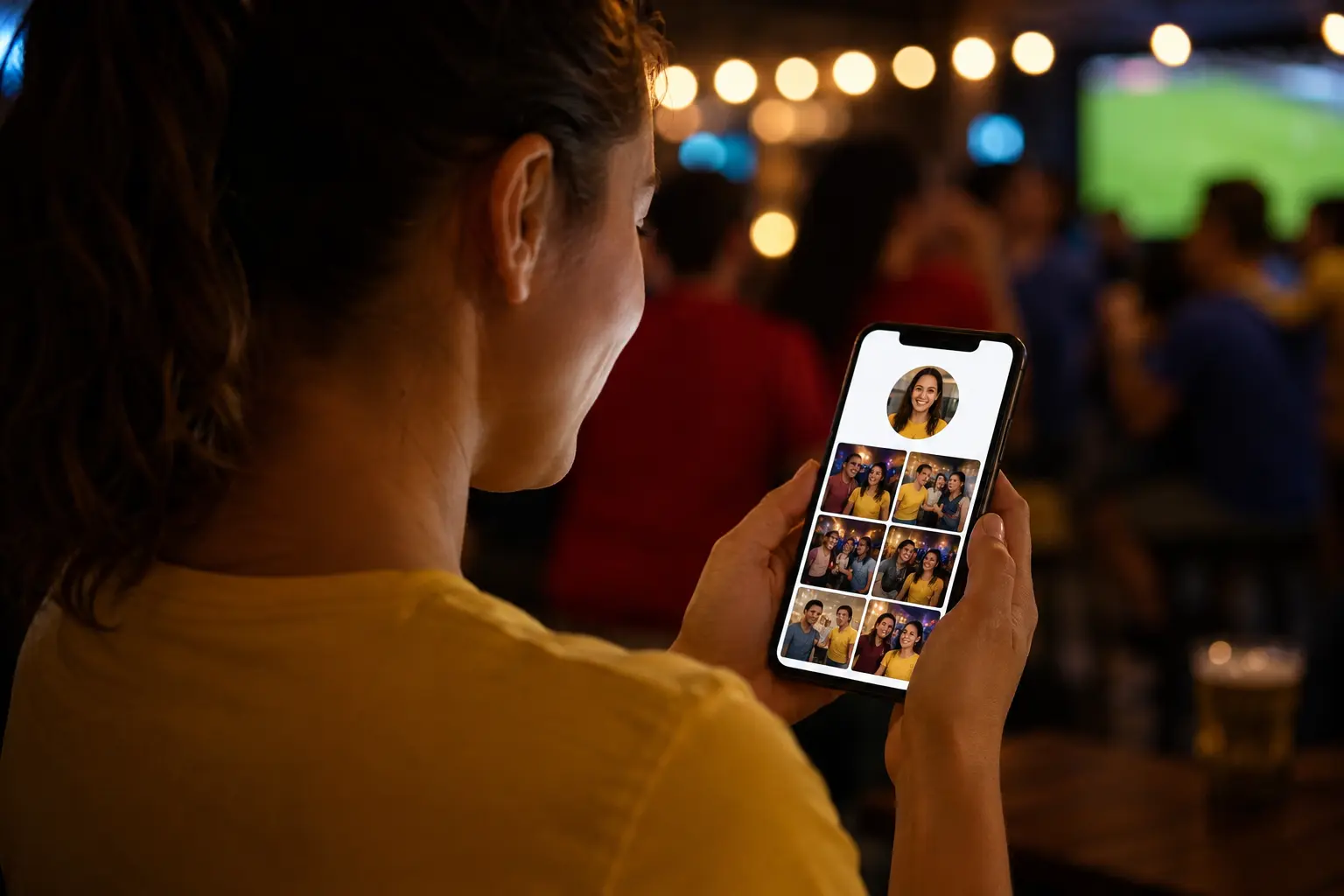 fan using a selfie to search a private watch party photo gallery on a phone