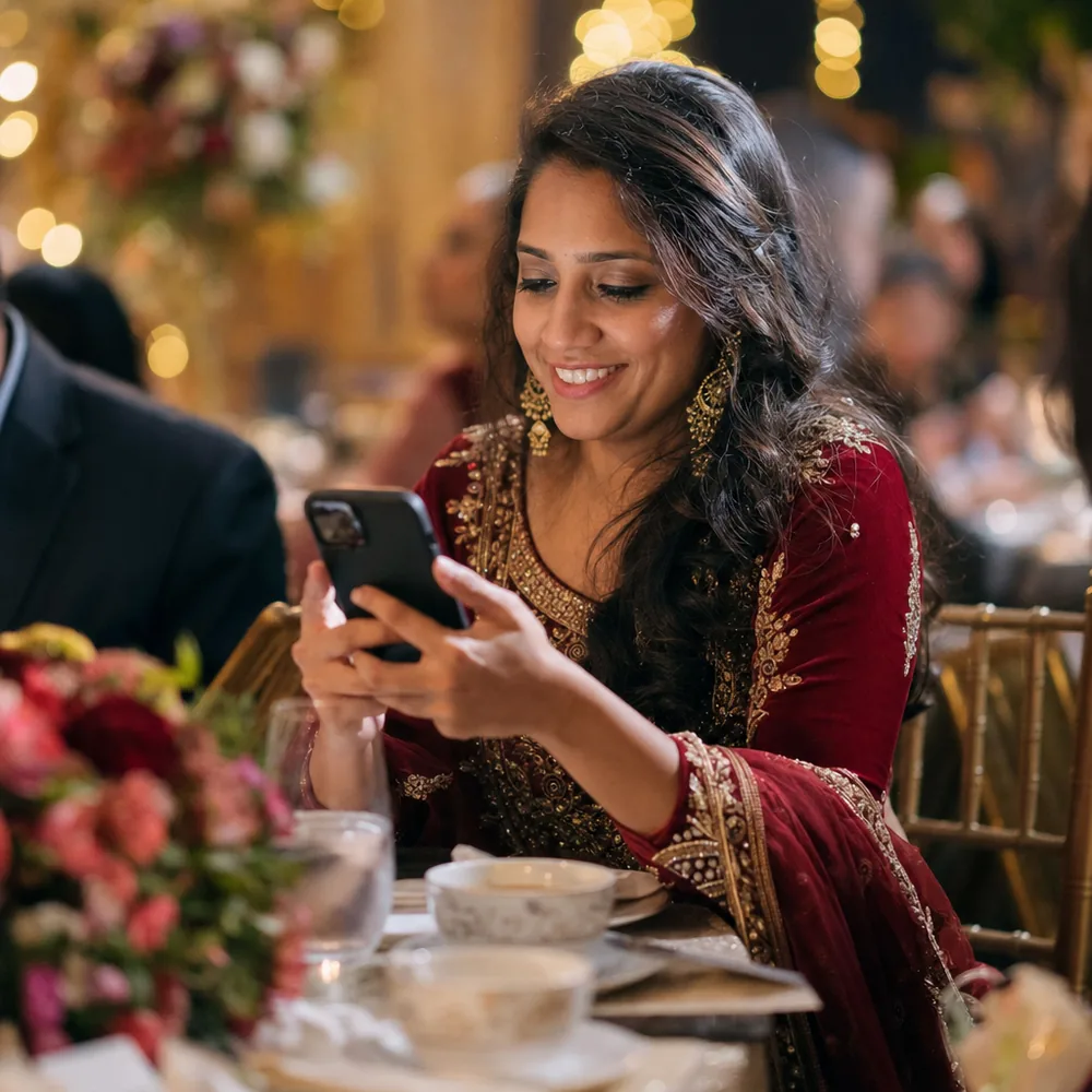 Wedding guest at a reception table looking at her phone after finding her photos with a selfie