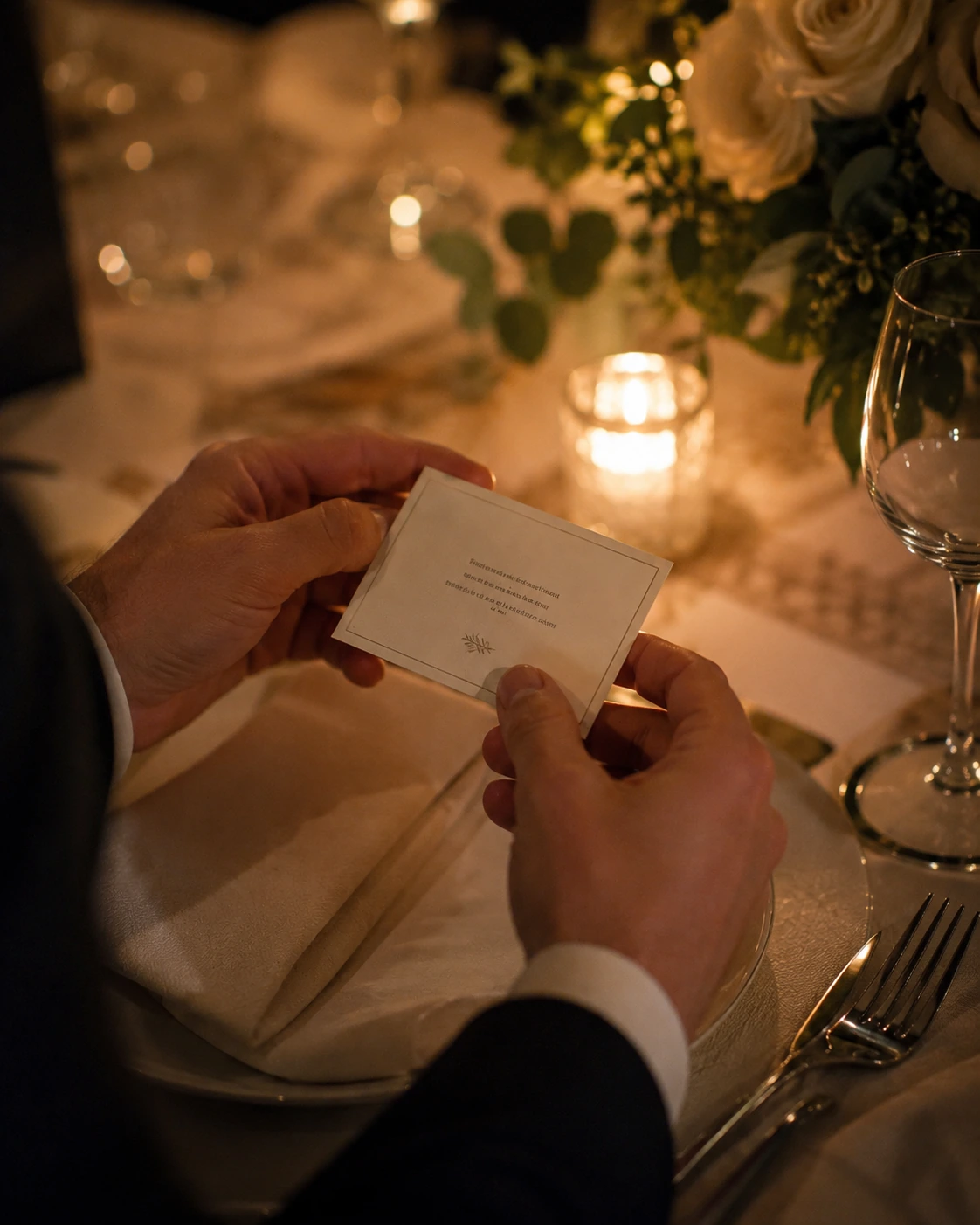 Close crop of a wedding guest holding a small printed access code card at a set dinner table