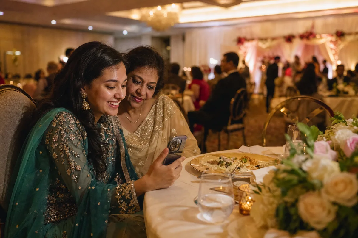 Wedding guest at a reception table smiling at her phone as she opens her own photos while the celebration continues behind her